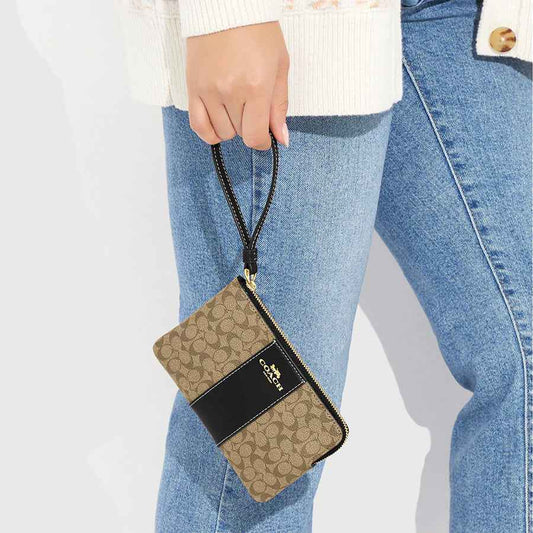Coach Corner Zip Wristlet In Signature Canvas With Stripe Gold Khaki