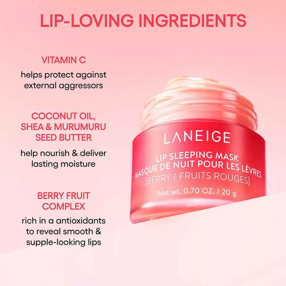 Laneige lip sleeping mask with ingredients listed on a pink background