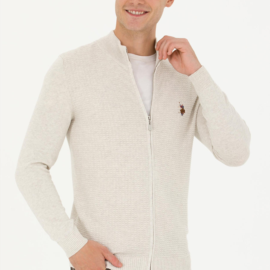 US Polo Assn Men's Stone Melange Basic Knitwear Zipper Cardigan