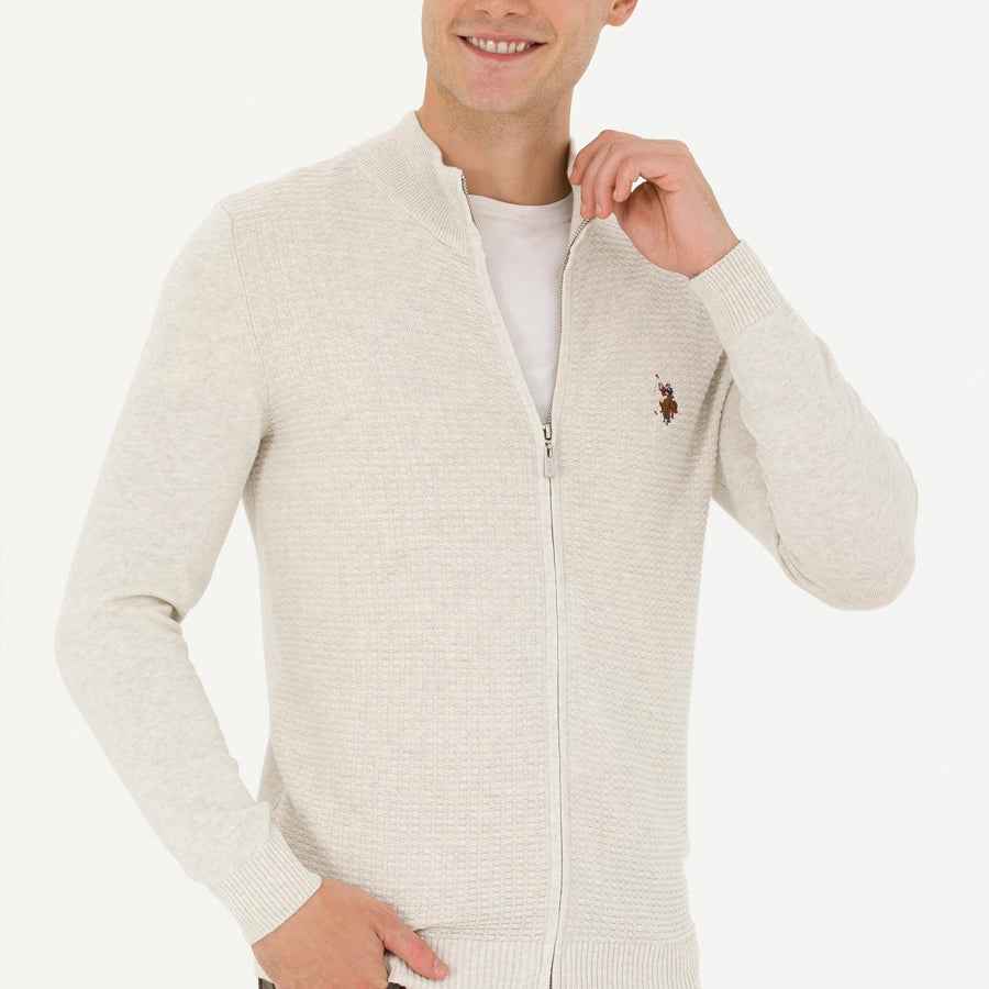 US Polo Assn Men's Stone Melange Basic Knitwear Zipper Cardigan