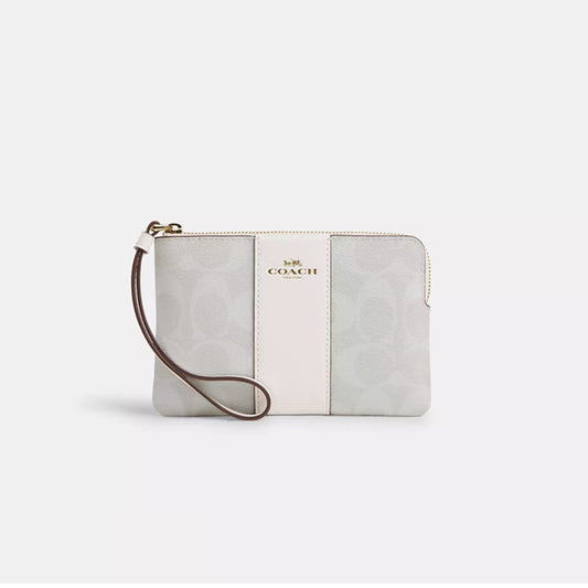 Coach Corner Zip Wristlet In Signature Canvas With Stripe Glacier White