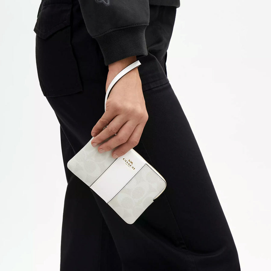 Coach Corner Zip Wristlet In Signature Canvas With Stripe Glacier White