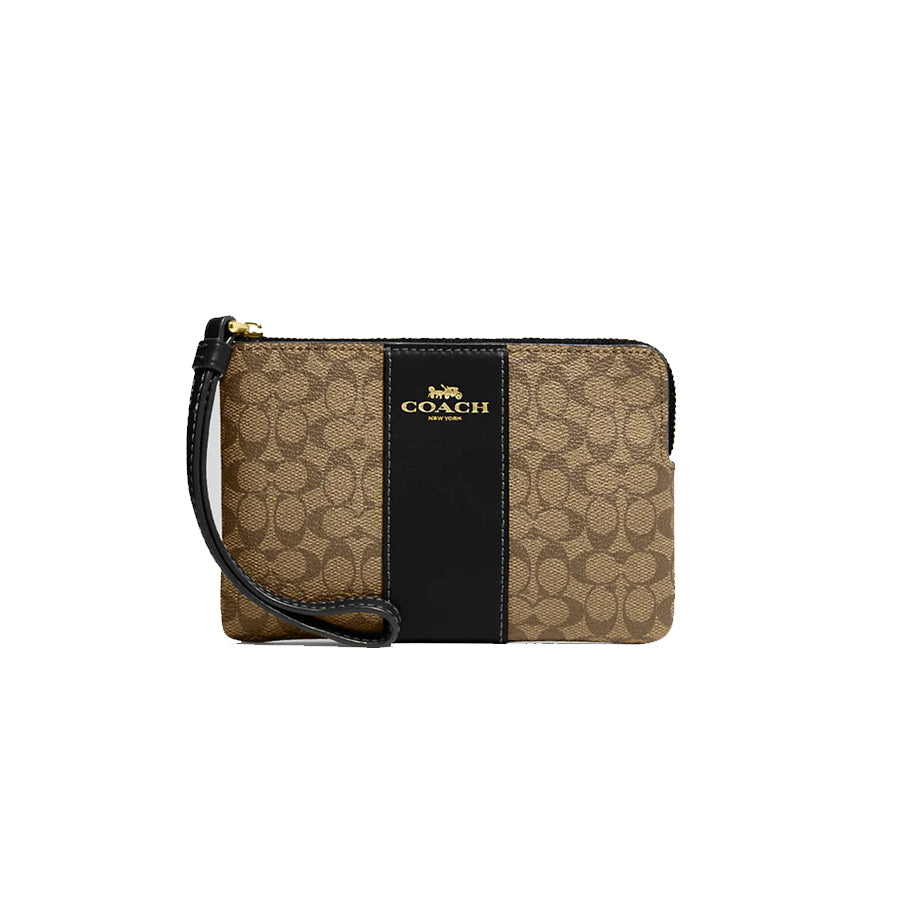 Coach Corner Zip Wristlet In Signature Canvas With Stripe Gold Khaki