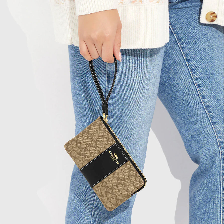Coach Corner Zip Wristlet In Signature Canvas With Stripe Gold Khaki