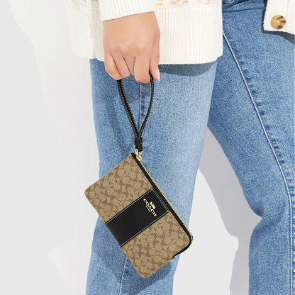 Coach Corner Zip Wristlet In Signature Canvas With Stripe Gold Khaki