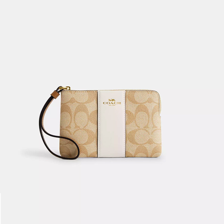Coach Corner Zip Wristlet In Signature Canvas With Stripe Light Khaki 