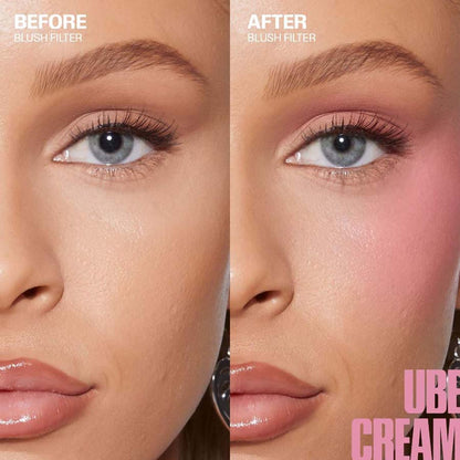 Before and after comparison of a blush filter on a person's face, with 'Uber Cream' branding.