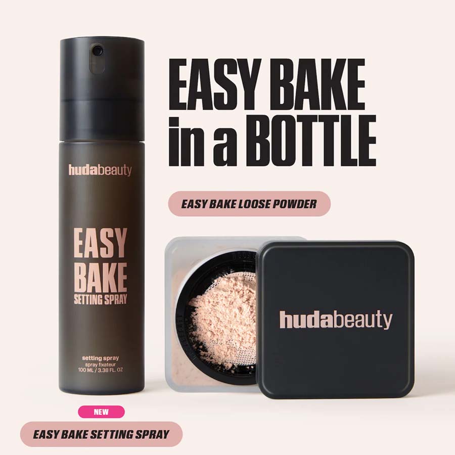Huda Beauty Easy Bake setting spray and loose powder on a white background