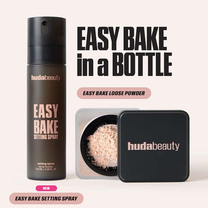 Huda Beauty Easy Bake setting spray and loose powder on a white background