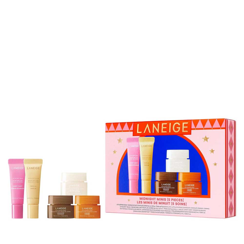 Laneige skincare product set with packaging on a white background