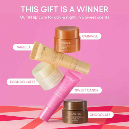 Laneige lip care products with scents labeled on a pink background