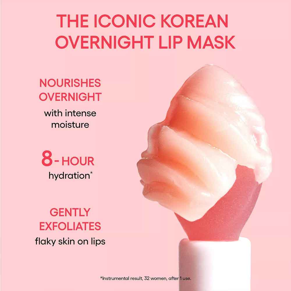 LANEIGE overnight lip mask with text on a pink background