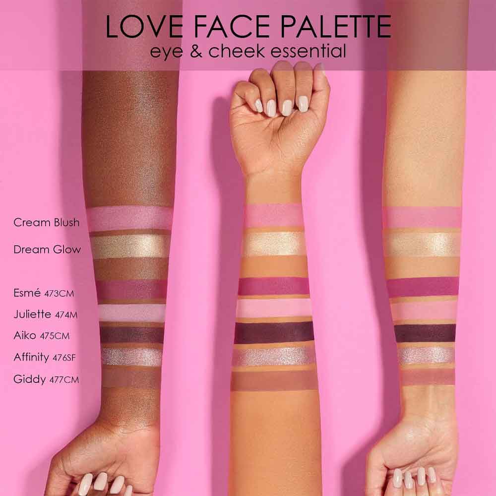 Love Face Palette eye & cheek essential swatches on arms with pink background