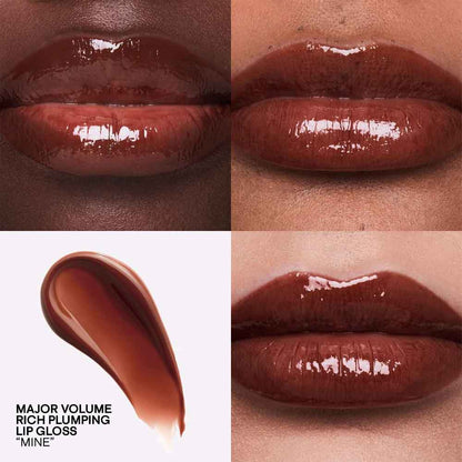 Collage of lip gloss application on lips with product name 'Major Volume Rich Plumping Lip Gloss' shown.