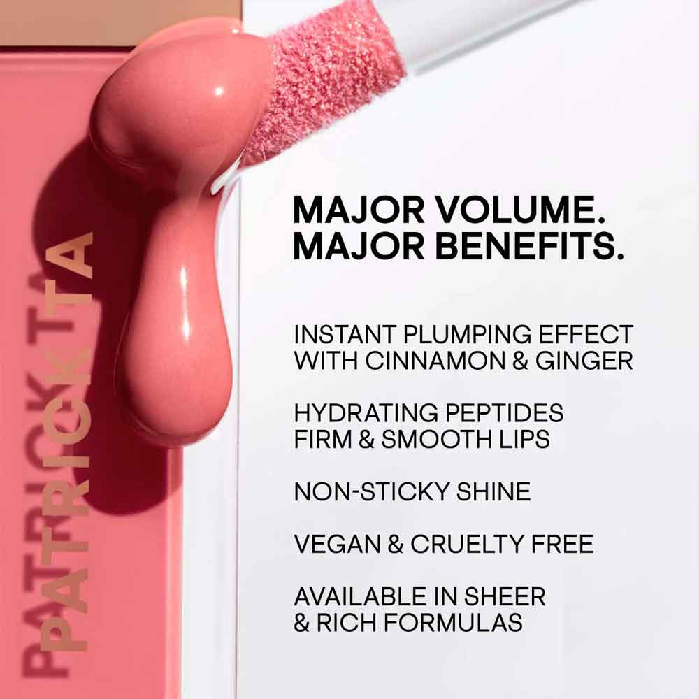 Lip balm with pink shade and text highlighting benefits on a white background