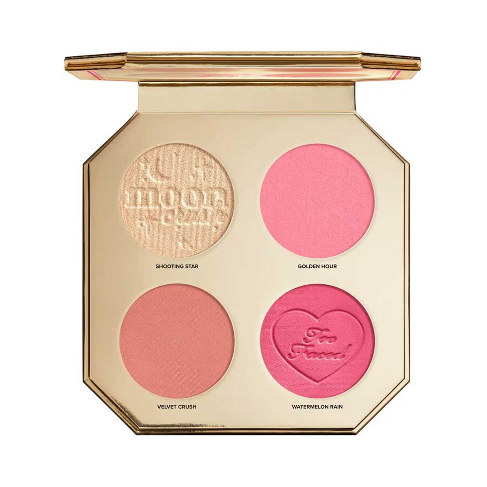 Too Faced Jewel Crush Blush & Highlighter Face Palette with four pink shades and a heart-shaped blush on a white background