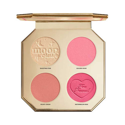 Too Faced Jewel Crush Blush & Highlighter Face Palette with four pink shades and a heart-shaped blush on a white background