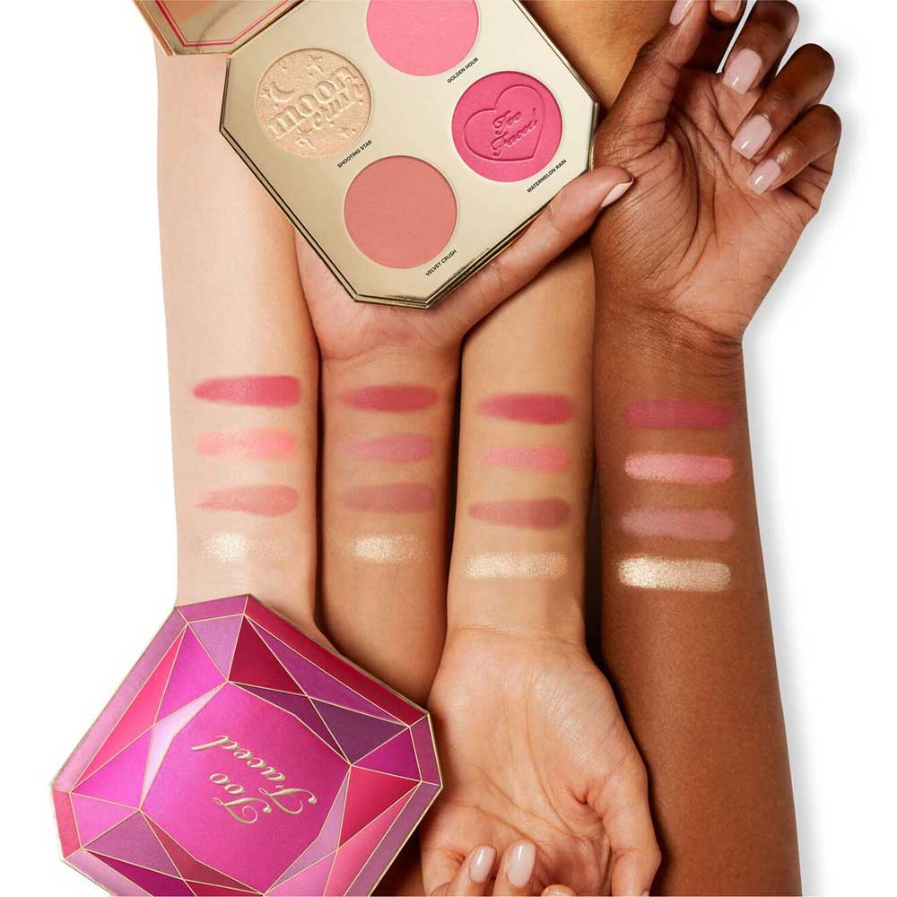 Too Faced Jewel Crush Blush & Highlighter Face Palette with swatches on skin tones