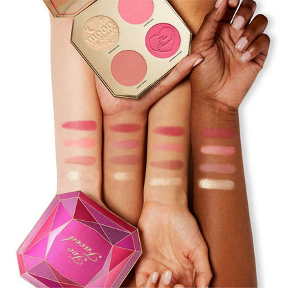 Too Faced Jewel Crush Blush & Highlighter Face Palette with swatches on skin tones