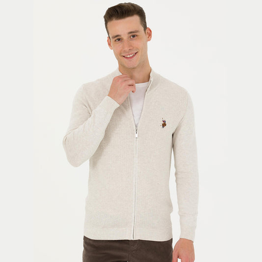 US Polo Assn Men's Stone Melange Basic Knitwear Zipper Cardigan